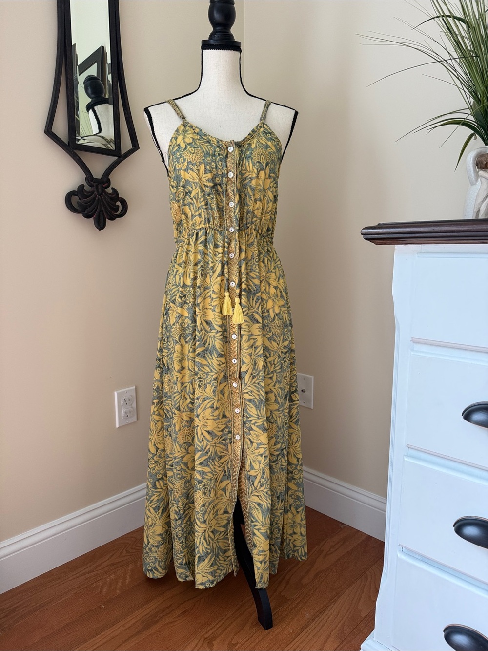 Yellow Floral Button-Front Maxi Dress with Tassel Tie. Made in Greece
